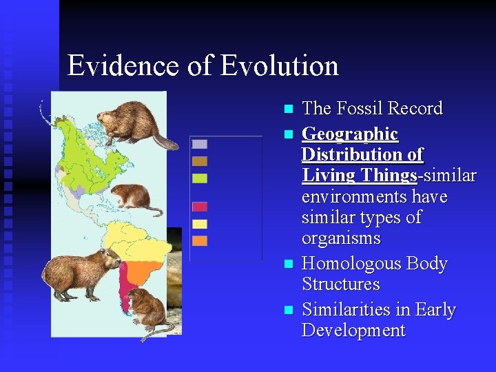 Evidence of Evolution n n The Fossil Record Geographic Distribution of Living Things-similar environments
