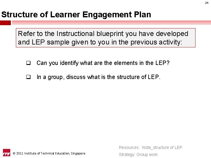 24 Structure of Learner Engagement Plan Refer to the Instructional blueprint you have developed