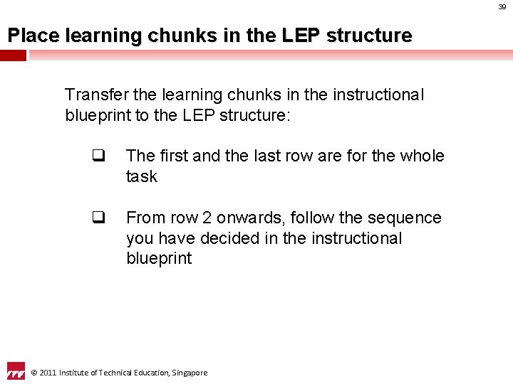 39 Place learning chunks in the LEP structure Transfer the learning chunks in the