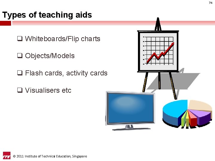 74 Types of teaching aids q Whiteboards/Flip charts q Objects/Models q Flash cards, activity