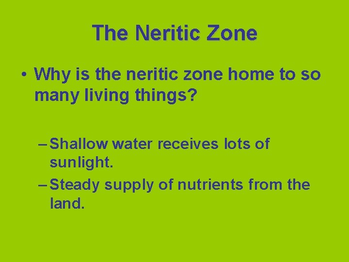 The Neritic Zone • Why is the neritic zone home to so many living