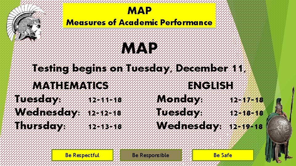 MAP Measures of Academic Performance MAP Testing begins on Tuesday, December 11, MATHEMATICS Tuesday: