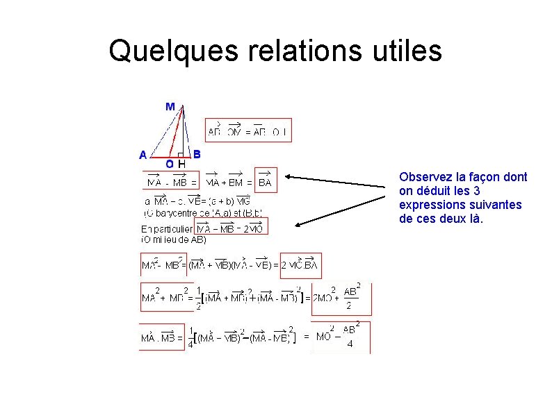 Quelques relations utiles Observez la façon dont on déduit les 3 expressions suivantes de