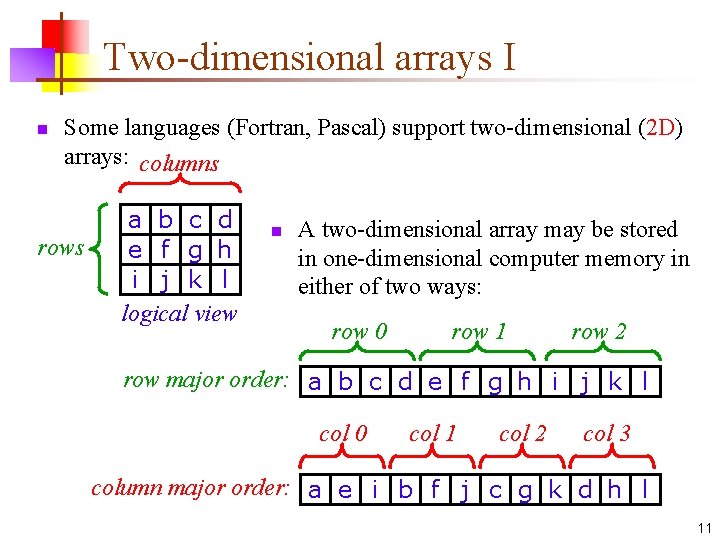 Two-dimensional arrays I n Some languages (Fortran, Pascal) support two-dimensional (2 D) arrays: columns