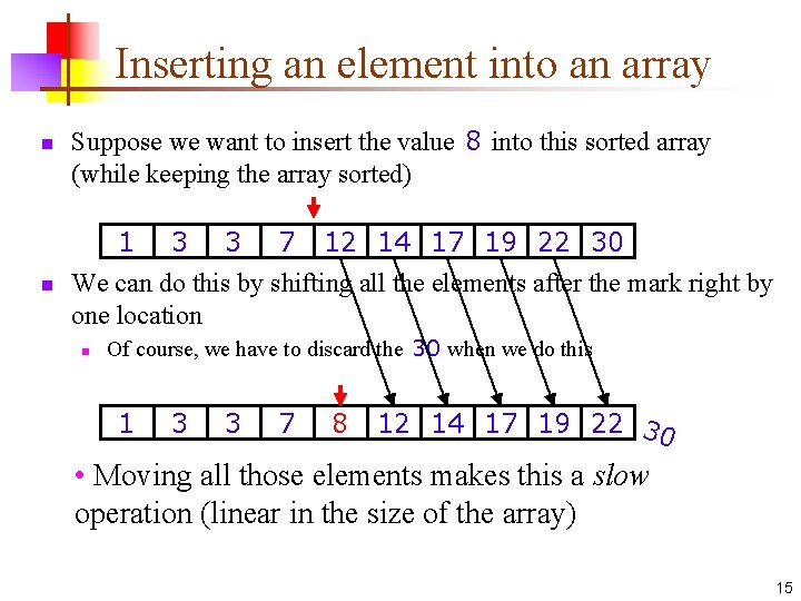 Inserting an element into an array n n Suppose we want to insert the