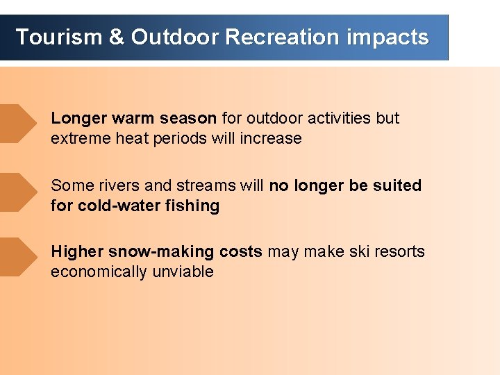 Tourism & Outdoor Recreation impacts Longer warm season for outdoor activities but extreme heat