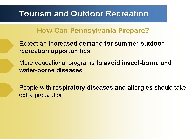 Tourism and Outdoor Recreation How Can Pennsylvania Prepare? Expect an increased demand for summer