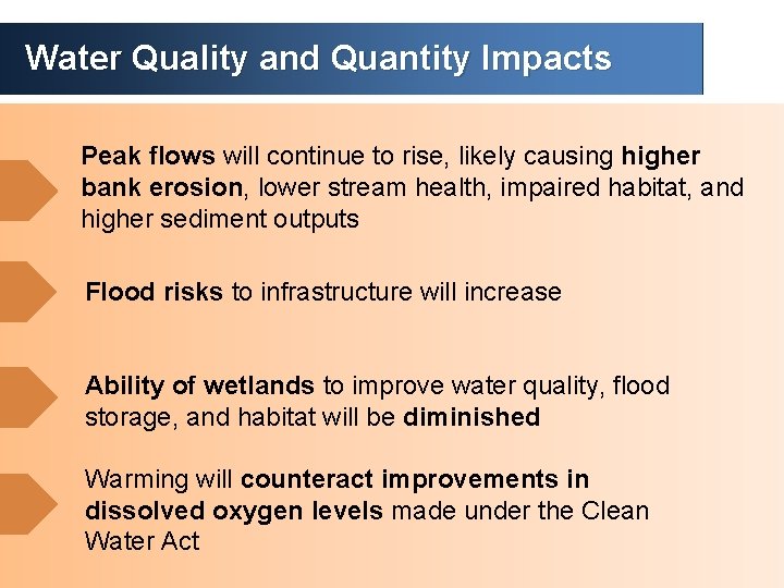 Water Quality and Quantity Impacts Peak flows will continue to rise, likely causing higher