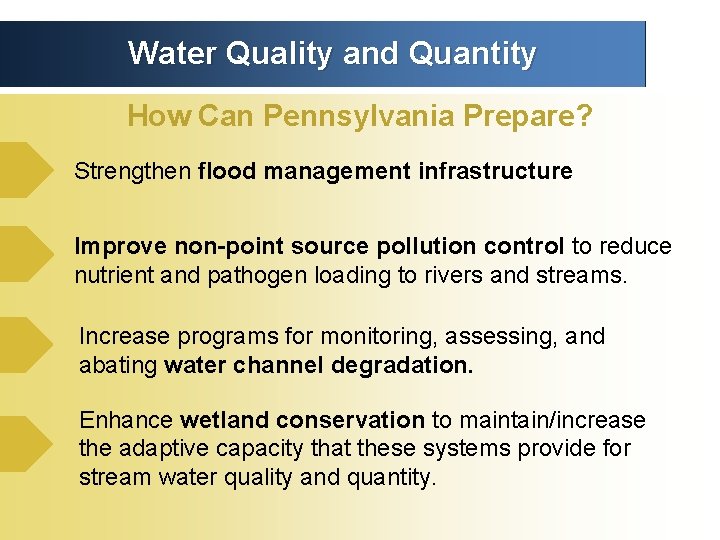 Water Quality and Quantity How Can Pennsylvania Prepare? Strengthen flood management infrastructure Improve non-point