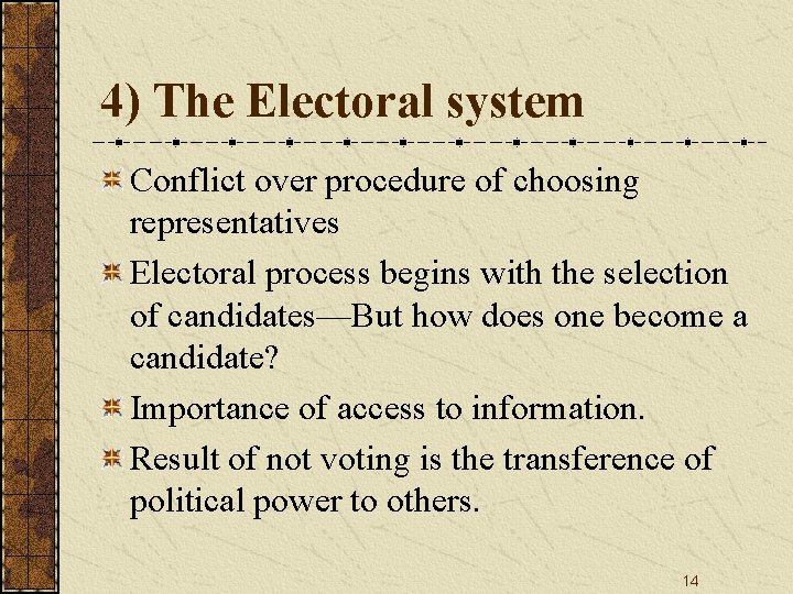 4) The Electoral system Conflict over procedure of choosing representatives Electoral process begins with