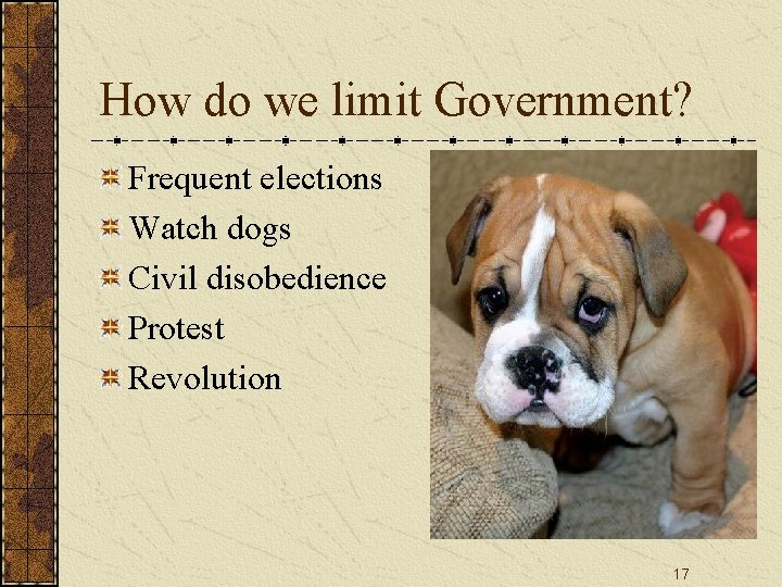 How do we limit Government? Frequent elections Watch dogs Civil disobedience Protest Revolution 17