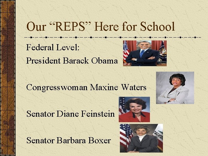 Our “REPS” Here for School Federal Level: President Barack Obama Congresswoman Maxine Waters Senator