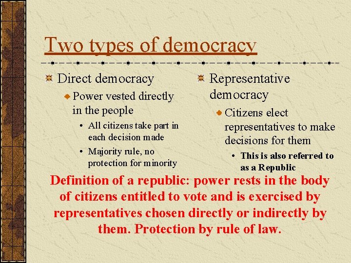 Two types of democracy Direct democracy Power vested directly in the people • All