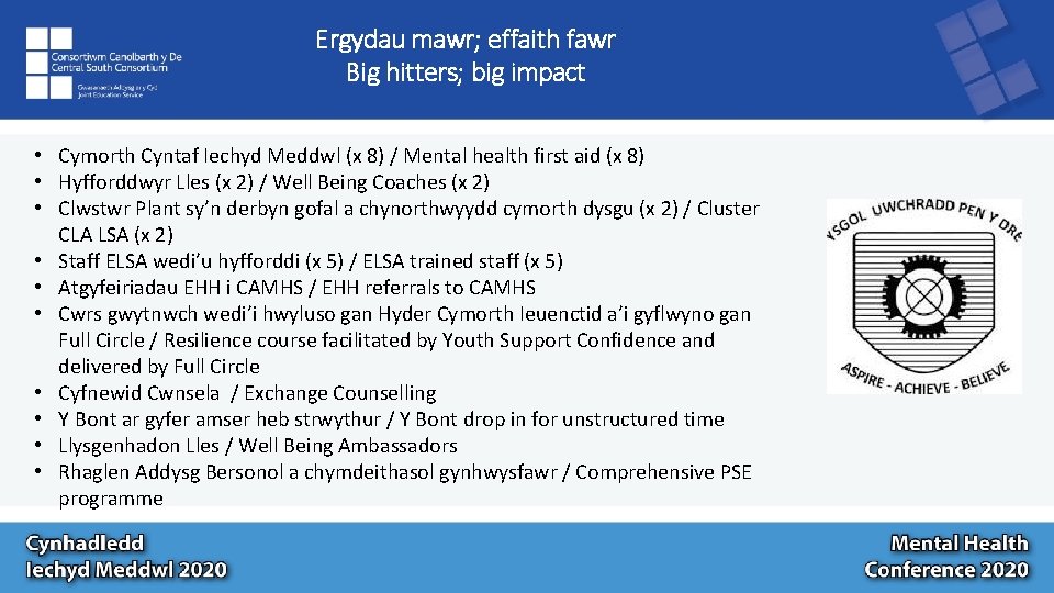 Ergydau mawr; effaith fawr Big hitters; big impact • Cymorth Cyntaf Iechyd Meddwl (x