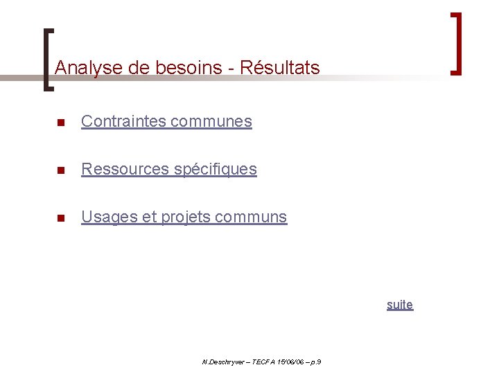 Analyse de besoins - Résultats n Contraintes communes n Ressources spécifiques n Usages et