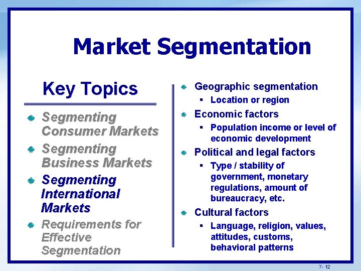 Market Segmentation Key Topics Geographic segmentation Segmenting Consumer Markets Segmenting Business Markets Segmenting International