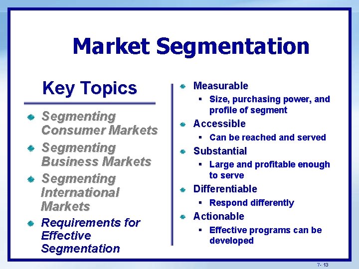 Market Segmentation Key Topics Segmenting Consumer Markets Segmenting Business Markets Segmenting International Markets Requirements