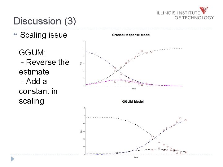 Discussion (3) Scaling issue GGUM: - Reverse the estimate - Add a constant in