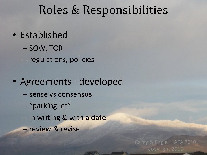 Roles & Responsibilities • Established – SOW, TOR – regulations, policies • Agreements -