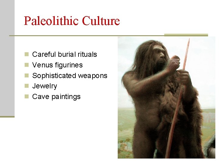 Paleolithic Culture n Careful burial rituals n Venus figurines n Sophisticated weapons n Jewelry