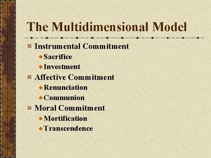 The Multidimensional Model Instrumental Commitment Sacrifice Investment Affective Commitment Renunciation Communion Moral Commitment Mortification