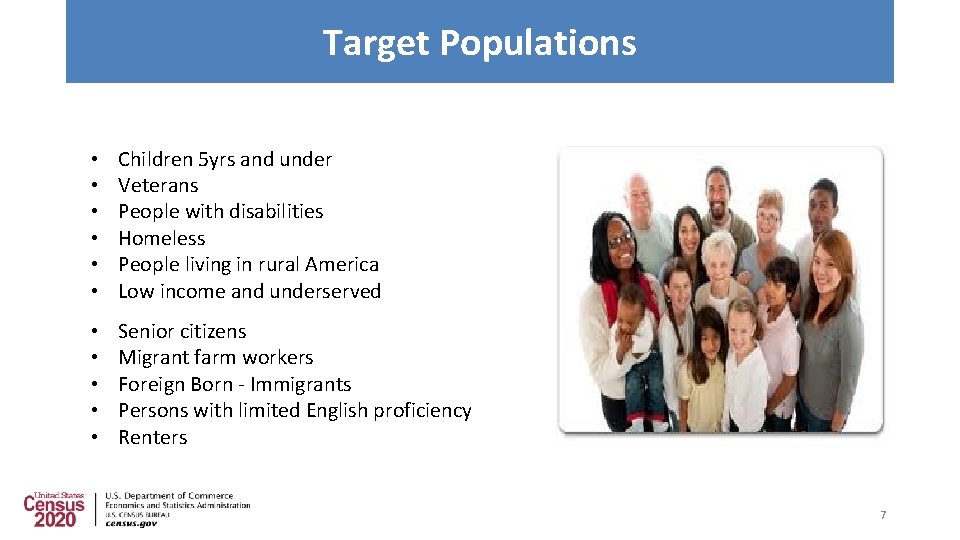 Target Populations • • • Children 5 yrs and under Veterans People with disabilities