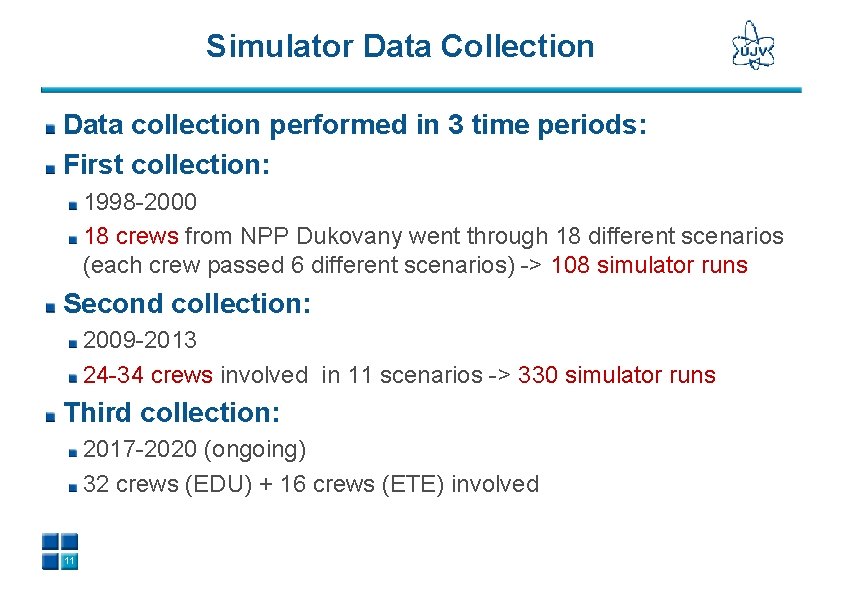Simulator Data Collection Data collection performed in 3 time periods: First collection: 1998 -2000