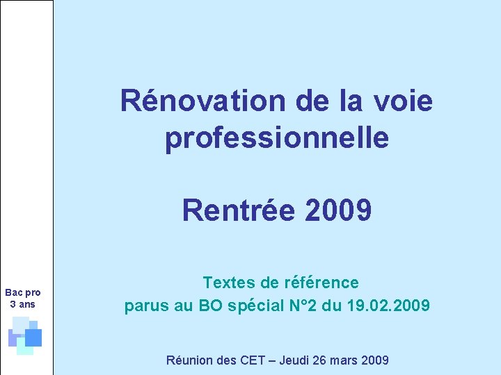 Rénovation de la voie professionnelle Rentrée 2009 Bac pro 3 ans Textes de référence
