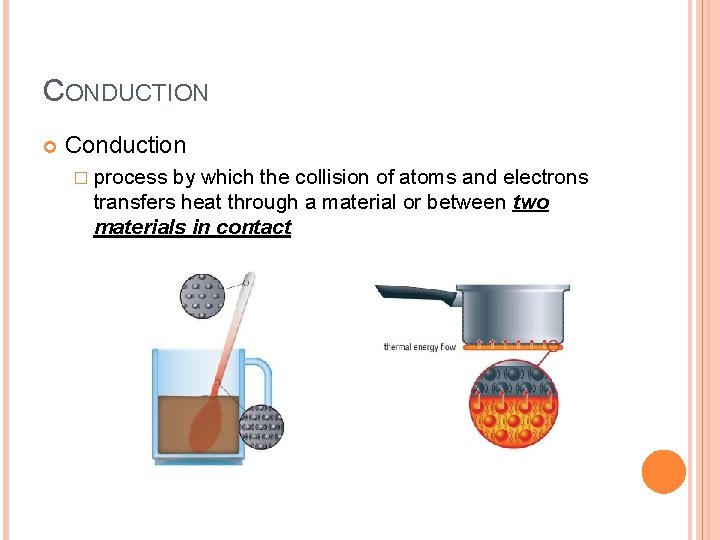 CONDUCTION Conduction � process by which the collision of atoms and electrons transfers heat
