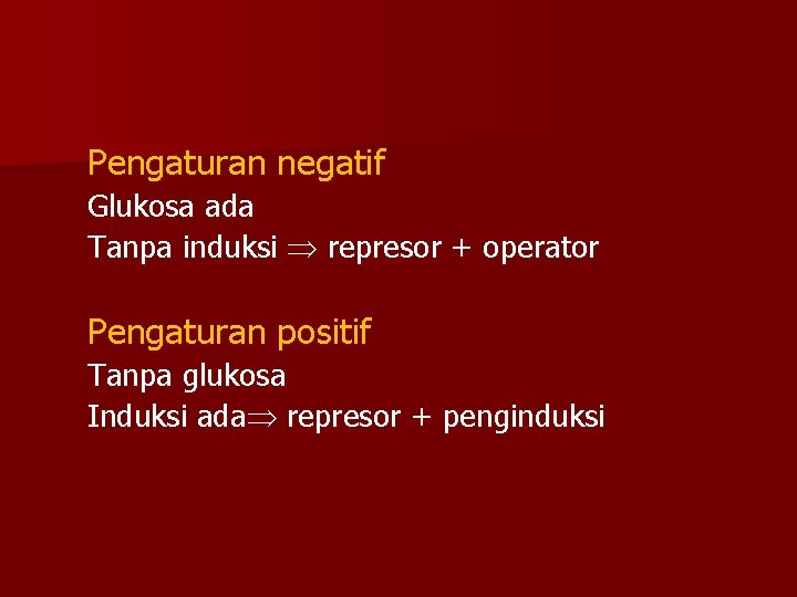 Pengaturan negatif Glukosa ada Tanpa induksi represor + operator Pengaturan positif Tanpa glukosa Induksi