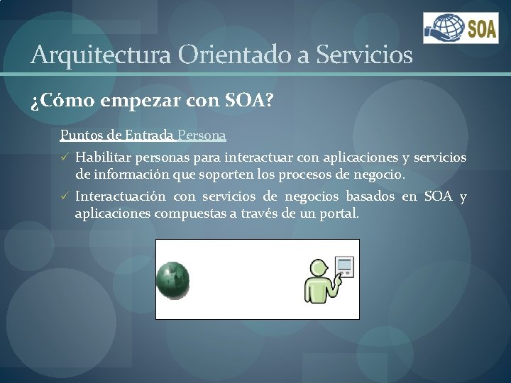 Arquitectura Orientado a Servicios ¿Cómo empezar con SOA? Puntos de Entrada Persona ü Habilitar