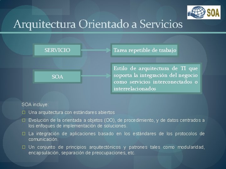 Arquitectura Orientado a Servicios SERVICIO SOA Tarea repetible de trabajo Estilo de arquitectura de