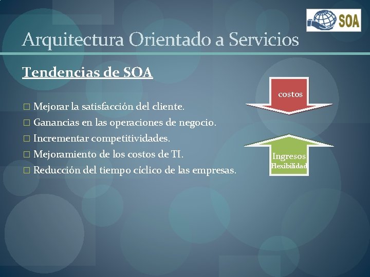 Arquitectura Orientado a Servicios Tendencias de SOA costos � Mejorar la satisfacción del cliente.