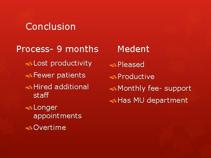 Conclusion Process- 9 months Medent Lost productivity Pleased Fewer patients Productive Hired additional staff