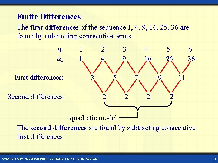 Finite Differences The first differences of the sequence 1, 4, 9, 16, 25, 36