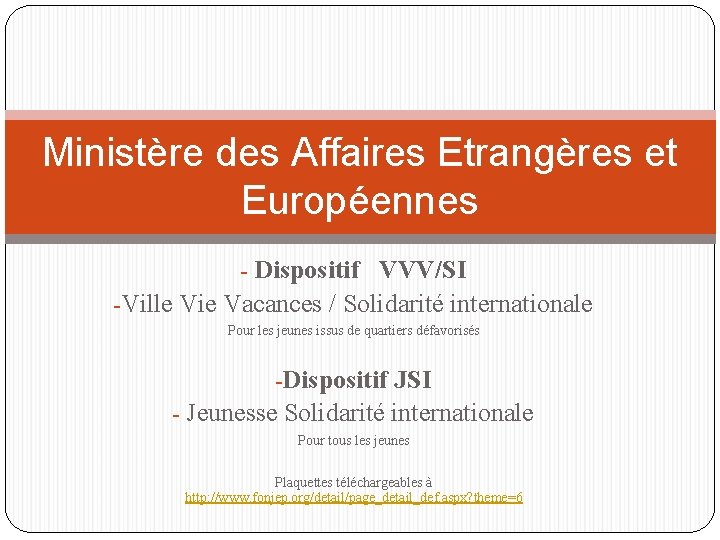 Ministère des Affaires Etrangères et Européennes - Dispositif VVV/SI -Ville Vie Vacances / Solidarité