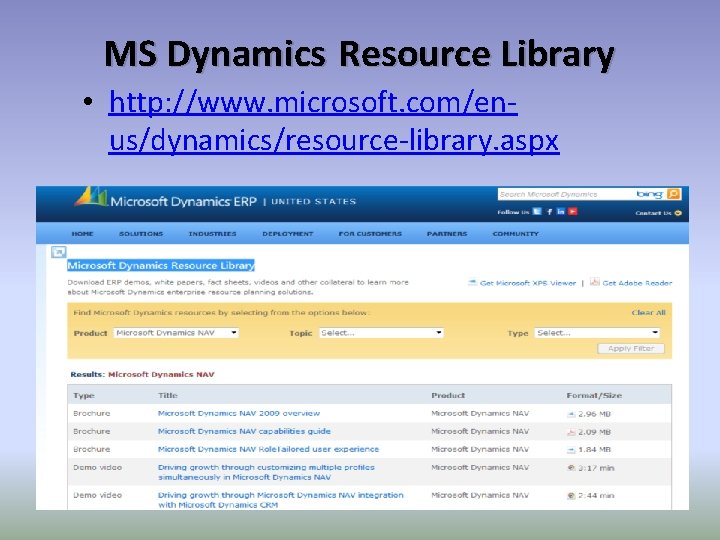 MS Dynamics Resource Library • http: //www. microsoft. com/enus/dynamics/resource-library. aspx 