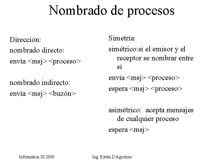 Nombrado de procesos Dirección: nombrado directo: envía <msj> <proceso> nombrado indirecto: envía <msj> <buzón>