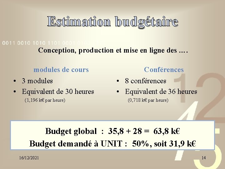 Estimation budgétaire Conception, production et mise en ligne des …. modules de cours •