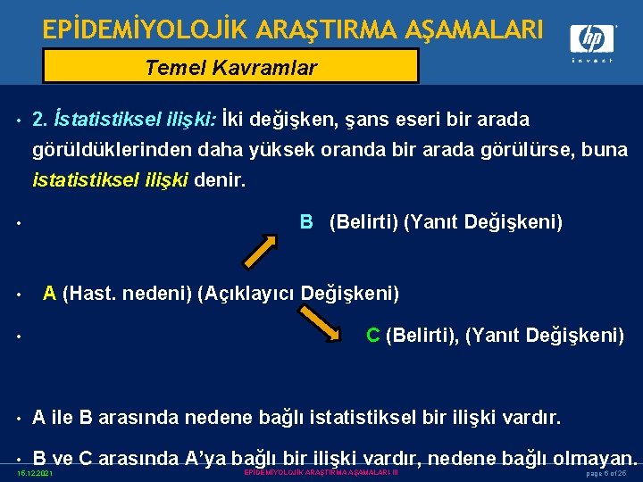 EPİDEMİYOLOJİK ARAŞTIRMA AŞAMALARI Temel Kavramlar • 2. İstatistiksel ilişki: İki değişken, şans eseri bir