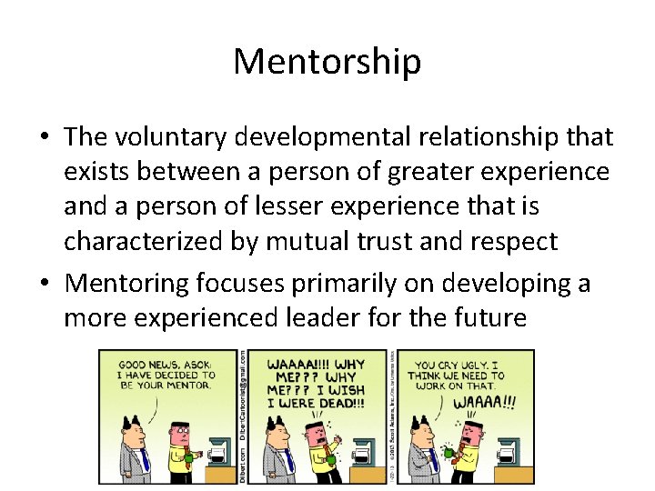 Mentorship • The voluntary developmental relationship that exists between a person of greater experience