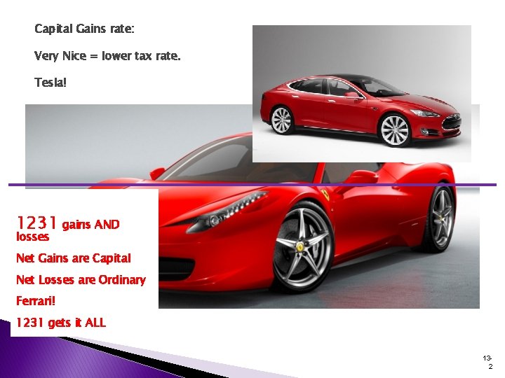 Capital Gains rate: Very Nice = lower tax rate. Tesla! 1231 gains AND losses Capital Gains rate: Very Nice = lower tax rate. Tesla! 1231 gains AND losses