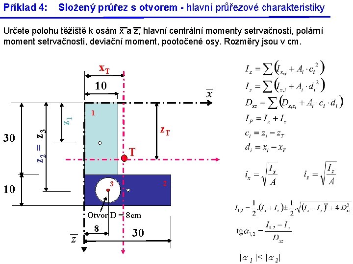 Příklad 4: Složený průřez s otvorem - hlavní průřezové charakteristiky Určete polohu těžiště k