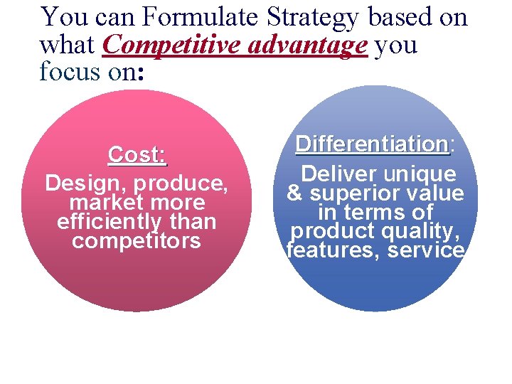 You can Formulate Strategy based on what Competitive advantage you focus on: Cost: Design,