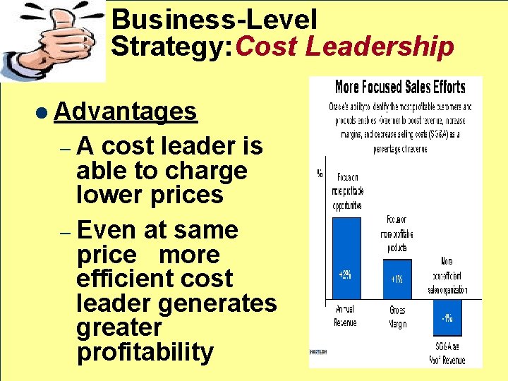 Business-Level Strategy: Cost Leadership l Advantages –A cost leader is able to charge lower