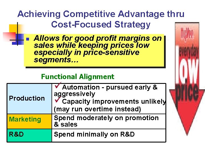 Achieving Competitive Advantage thru Cost-Focused Strategy n Allows for good profit margins on sales