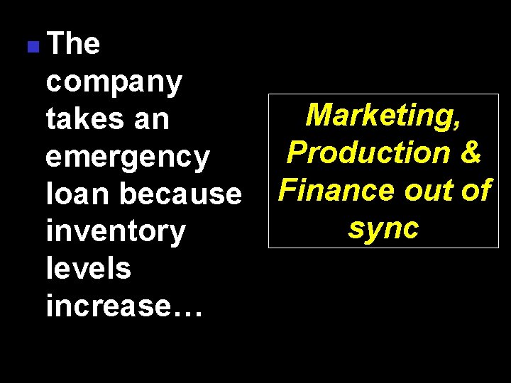 n The company takes an emergency loan because inventory levels increase… Marketing, Production &