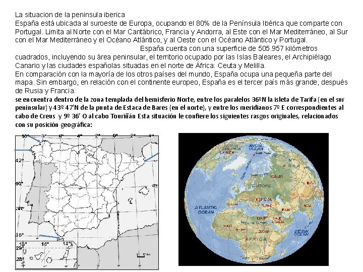 La situacion de la peninsula iberica España está ubicada al suroeste de Europa, ocupando