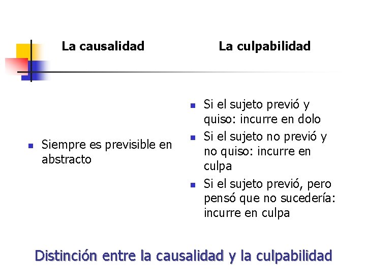 La causalidad La culpabilidad n n Siempre es previsible en abstracto n n Si