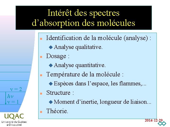 Intérêt des spectres d’absorption des molécules n Identification de la molécule (analyse) : u